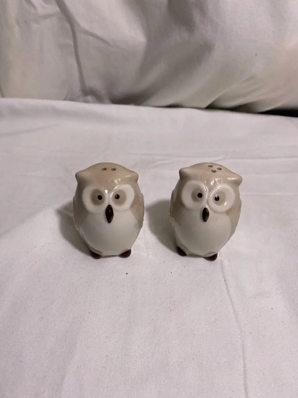 Pier 1 Imports Ceramic Owl Salt & Pepper Shakers Set Beige Brown Woodland Decor